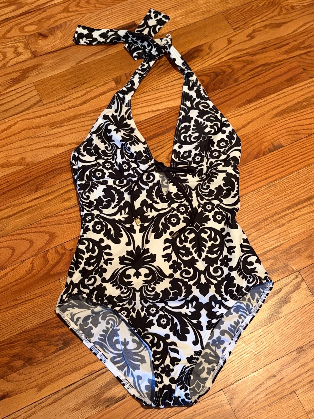 Tommy Bahama Black and White Damask Halter One-Piece Swimsuit